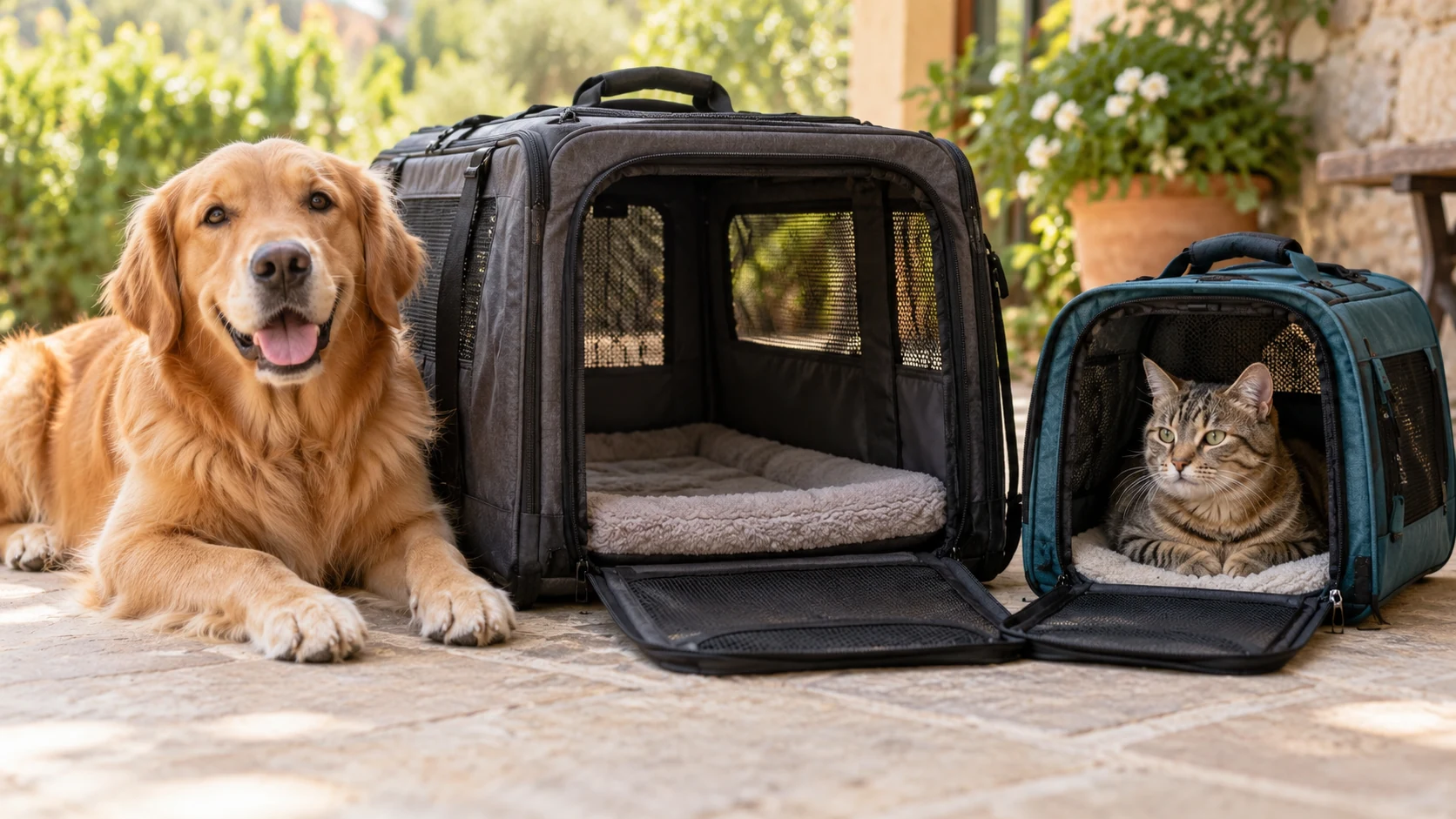 Ein entspannter Hund und eine Katze neben und in offenen Transporttaschen auf einer sonnigen Terrasse. Illustratives Motiv.